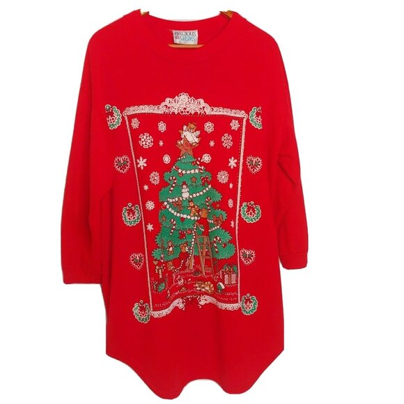 Vintage Christmas Nightgown OSFM S-XL Red Christmas Bears Cat Glitter Retro - Picture 1 of 10